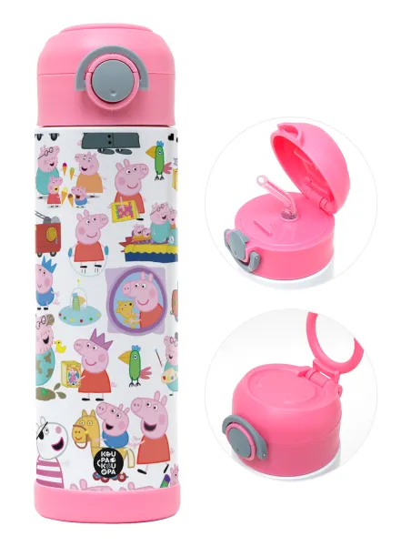 Peppa pig Characters — Παιδικό παγούρι θερμό, ανοξείδωτο, με καλαμάκι ασφαλείας, ΡΟΖ (500ml)