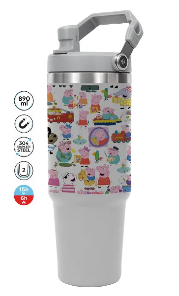 Peppa pig Characters — ΓΚΡΙ Travel Tumbler Θερμός με χερούλι και καλαμάκι 890ml
