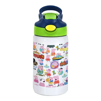 Peppa pig Characters, Παιδικό παγούρι θερμό, ανοξείδωτο, με καλαμάκι ασφαλείας, πράσινο/μπλε (350ml)