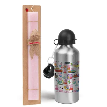 Peppa pig Characters, Easter Set, metallic Silver aluminum water bottle (500ml) & scented flat Easter candle (30cm) (PINK)