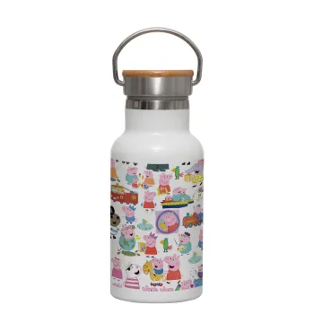 Peppa pig Characters, Μεταλλικό παγούρι θερμός (Stainless steel) Λευκό με ξύλινο καπακι (bamboo), διπλού τοιχώματος, 350ml