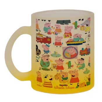 Peppa pig Characters, Κούπα γυάλινη δίχρωμη με βάση το κίτρινο ματ, 330ml