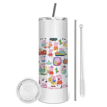 Peppa pig Characters, Tumbler ποτήρι θερμό από ανοξείδωτο ατσάλι 600ml, με μεταλλικό καλαμάκι & βούρτσα καθαρισμού
