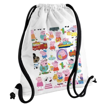 Peppa pig Characters, Τσάντα πλάτης πουγκί GYMBAG λευκή, με τσέπη (40x48cm) & χονδρά κορδόνια