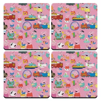 Peppa pig Characters, ΣΕΤ 4 Σουβέρ ξύλινα τετράγωνα (9cm)