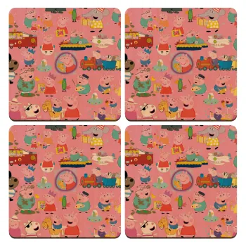 Peppa pig Characters, ΣΕΤ x4 Σουβέρ ξύλινα τετράγωνα plywood (9cm)