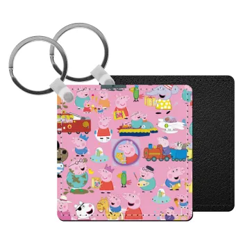 Peppa pig Characters, Μπρελόκ Δερματίνη, τετράγωνο ΜΑΥΡΟ (5x5cm)