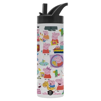 Peppa pig Characters, Μεταλλικό παγούρι θερμός με καλαμάκι & χειρολαβή, ανοξείδωτο ατσάλι (Stainless steel 304), διπλού τοιχώματος, 600ml