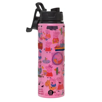 Peppa pig Characters, Μεταλλικό παγούρι νερού με καπάκι ασφαλείας, αλουμινίου 850ml