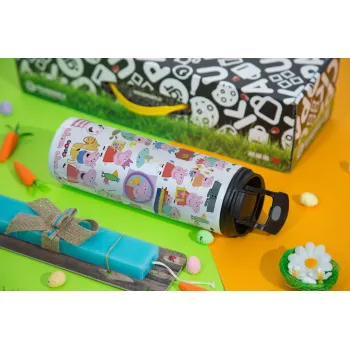 Peppa pig Characters, Easter candle,Travel Tumbler 2 Lids, with metal straw & cleaning brush & aromatic flat candle (30cm) (BLUE)