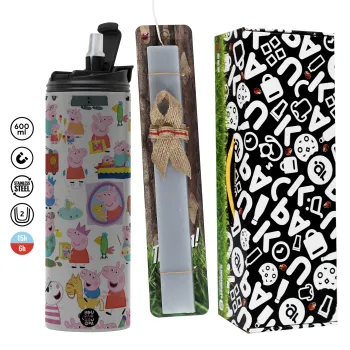 Peppa pig Characters, Πασχαλινή Λαμπάδα με Travel Tumbler θερμό (600ml, BPA free) & κερί αρωματικό πλακέ (30cm) (ΓΚΡΙ)