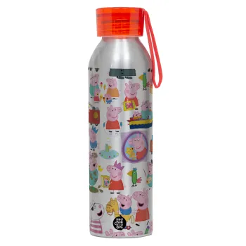 Peppa pig Characters, Αλουμινένιο Αθλητικό Μπουκάλι 650ml – Ασημί με Κόκκινο Καπάκι και Λουράκι Σιλικόνης