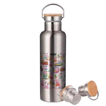 Peppa pig Characters, Μεταλλικό παγούρι θερμός (Stainless steel) Ασημένιο με ξύλινο καπακι (bamboo), διπλού τοιχώματος, 750ml