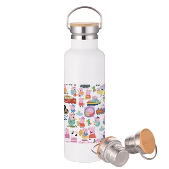 Peppa pig Characters, Stainless steel White with wooden lid (bamboo), double wall, 750ml