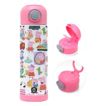 Peppa pig Characters, Παιδικό παγούρι θερμό, ανοξείδωτο, με καλαμάκι ασφαλείας, ΡΟΖ (500ml)