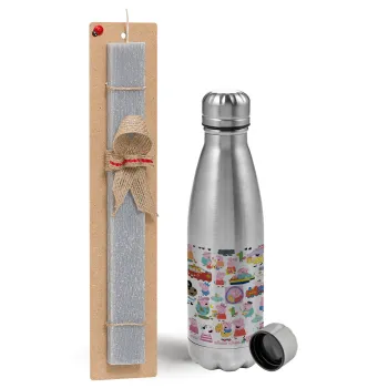 Peppa pig Characters, Easter Set, metallic Inox water bottle (750ml) & aromatic flat Easter candle (30cm) (GRAY)