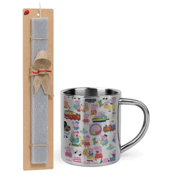 Peppa pig Characters, Easter Set, metallic thermal cup (300ml) & Easter aromatic flat candle (30cm) (GRAY)