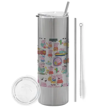 Peppa pig Characters, Tumbler stainless steel Silver 600ml, with metal straw & cleaning brush