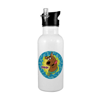 Scooby Doo, White water bottle with straw, stainless steel 600ml