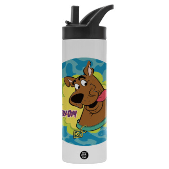 Scooby Doo, Μεταλλικό παγούρι θερμός με καλαμάκι & χειρολαβή, ανοξείδωτο ατσάλι (Stainless steel 304), διπλού τοιχώματος, 600ml