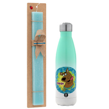 Scooby Doo, Easter Set, Metallic green/white thermos (Stainless steel), double-walled, 500ml & scented flat Easter candle (30cm) (TURQUOISE)