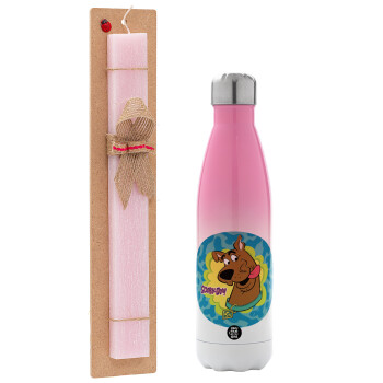 Scooby Doo, Easter Set, Metallic pink/white (Stainless steel) thermos, double-walled, 500ml & aromatic flat Easter candle (30cm) (PINK)