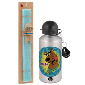 Scooby Doo, Easter Set, metallic silver aluminum water bottle (500ml) & scented flat Easter candle (30cm) (TURQUOISE)