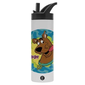 Scooby Doo, Μεταλλικό παγούρι θερμός με καλαμάκι & χειρολαβή, ανοξείδωτο ατσάλι (Stainless steel 304), διπλού τοιχώματος, 600ml