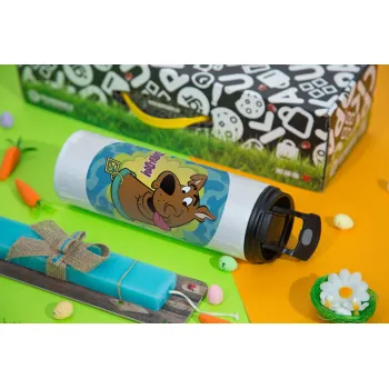 Scooby Doo, Easter candle,Travel Tumbler 2 Lids, with metal straw & cleaning brush & aromatic flat candle (30cm) (BLUE)
