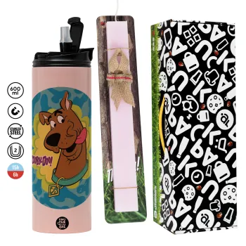 Scooby Doo, Πασχαλινή Λαμπάδα με  ΡΟΖ Travel Tumbler θερμό (600ml, BPA free) & κερί αρωματικό πλακέ (30cm) (ΡΟΖ)