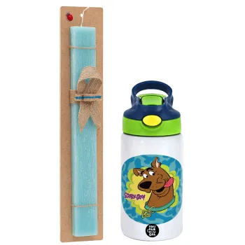 Scooby Doo, Easter Set, Children's thermal stainless steel bottle with safety straw, green/blue (350ml) & aromatic flat Easter candle (30cm) (TURQUOISE)
