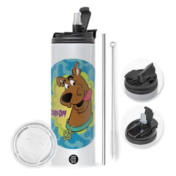 Scooby Doo, Travel Tumbler θερμό με διπλό καπάκι, μεταλλικό καλαμάκι και βούρτσα καθαρισμού (Ανωξείδωτο 304 Food grade, BPA free, 600ml)