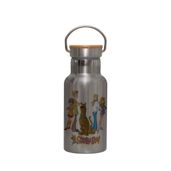 Scooby Doo Characters, Stainless steel metallic thermos flask, silver with a bamboo lid, double-walled, 350ml.
