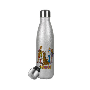 Scooby Doo Characters, Μεταλλικό παγούρι θερμός Glitter Aσημένιο (Stainless steel), διπλού τοιχώματος, 500ml