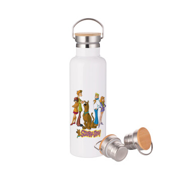 Scooby Doo Characters, Stainless steel White with wooden lid (bamboo), double wall, 750ml