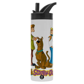 Scooby Doo Characters, Μεταλλικό παγούρι θερμός με καλαμάκι & χειρολαβή, ανοξείδωτο ατσάλι (Stainless steel 304), διπλού τοιχώματος, 600ml