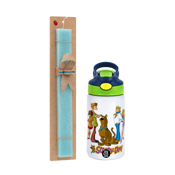 Scooby Doo Characters, Πασχαλινό Σετ, Παιδικό παγούρι θερμό, ανοξείδωτο, με καλαμάκι ασφαλείας, πράσινο/μπλε (350ml) & πασχαλινή λαμπάδα αρωματική πλακέ (30cm) (ΤΙΡΚΟΥΑΖ)