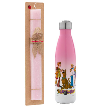 Scooby Doo Characters, Easter Set, Metallic pink/white (Stainless steel) thermos, double-walled, 500ml & aromatic flat Easter candle (30cm) (PINK)