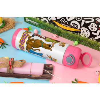 Scooby Doo Characters, Πασχαλινή Λαμπάδα με Παιδικό παγούρι θερμό, ανοξείδωτο, με καλαμάκι ασφαλείας, ΡΟΖ (500ml)