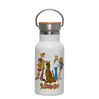 Scooby Doo Characters, Μεταλλικό παγούρι θερμός (Stainless steel) Λευκό με ξύλινο καπακι (bamboo), διπλού τοιχώματος, 350ml