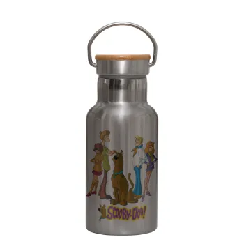 Scooby Doo Characters, Μεταλλικό παγούρι θερμός (Stainless steel) Ασημένιο με ξύλινο καπακι (bamboo), διπλού τοιχώματος, 350ml