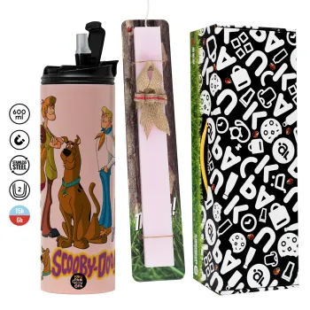 Scooby Doo Characters, Πασχαλινή Λαμπάδα με  ΡΟΖ Travel Tumbler θερμό (600ml, BPA free) & κερί αρωματικό πλακέ (30cm) (ΡΟΖ)