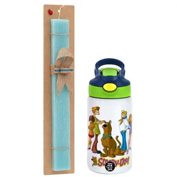 Scooby Doo Characters, Easter Set, Children's thermal stainless steel bottle with safety straw, green/blue (350ml) & aromatic flat Easter candle (30cm) (TURQUOISE)