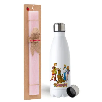 Scooby Doo Characters, Easter Set, metallic stainless steel water bottle (750ml) & scented flat Easter candle (30cm) (PINK)
