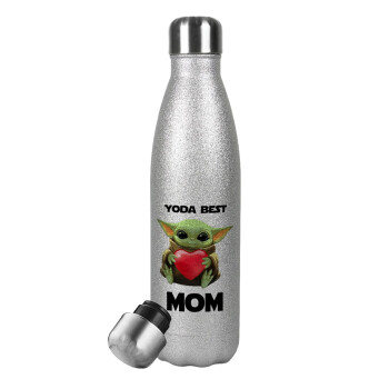Yoda Best mom, Μεταλλικό παγούρι θερμός Glitter Aσημένιο (Stainless steel), διπλού τοιχώματος, 500ml