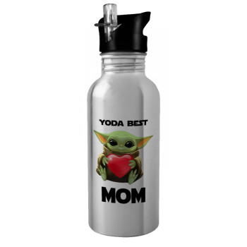Yoda Best mom, Παγούρι νερού Ασημένιο με καλαμάκι, ανοξείδωτο ατσάλι 600ml
