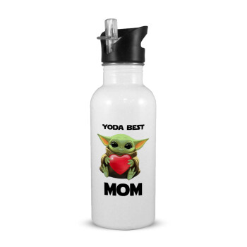Yoda Best mom, Παγούρι νερού Λευκό με καλαμάκι, ανοξείδωτο ατσάλι 600ml
