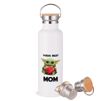 Yoda Best mom, Μεταλλικό παγούρι θερμός (Stainless steel) Λευκό με ξύλινο καπακι (bamboo), διπλού τοιχώματος, 750ml