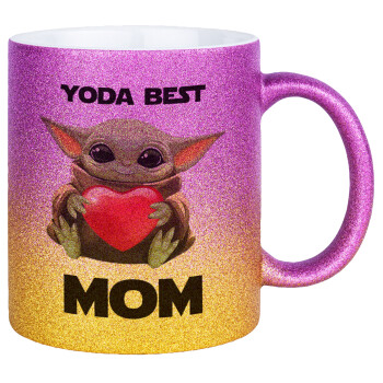 Yoda Best mom, Κούπα Χρυσή/Ροζ Glitter, κεραμική, 330ml