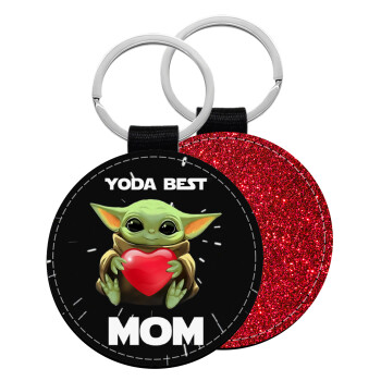 Yoda Best mom, Μπρελόκ Δερματίνη, στρογγυλό ΚΟΚΚΙΝΟ (5cm)